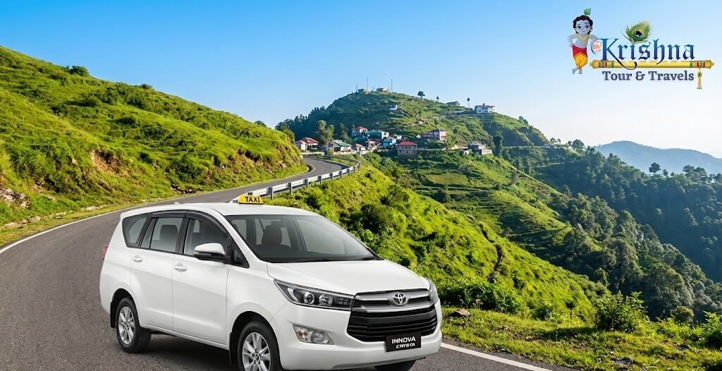 a shri krishna tour & travels taxi driving on the scenic hill road towards mussoorie.