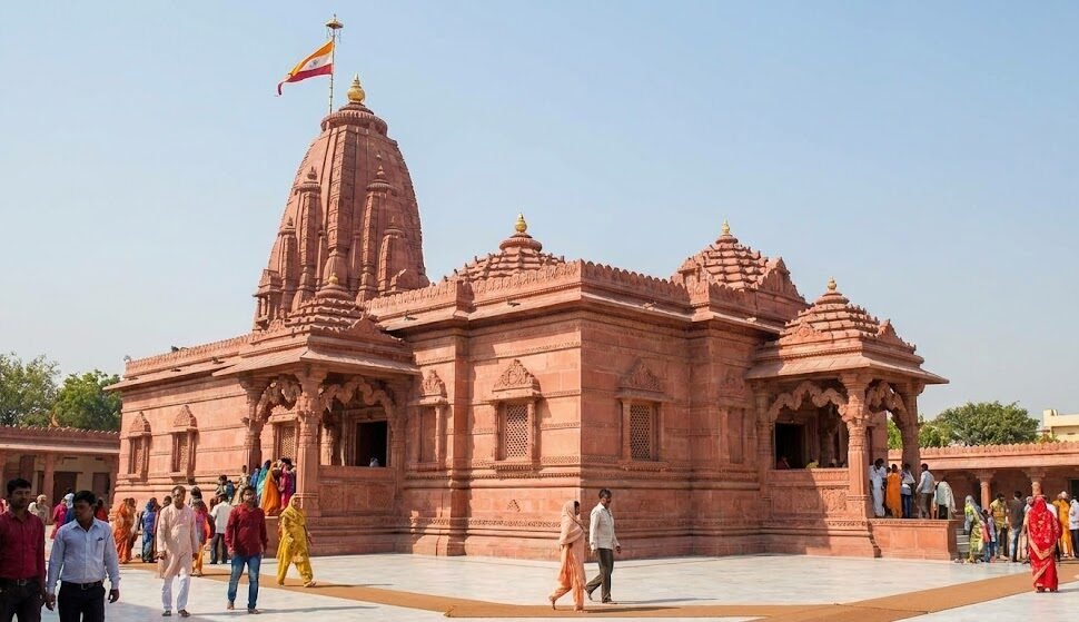 Noida to Agra Taxi Service via Mathura- One Day & Same Day Trips a beautiful red sandstone temple in mathura, a popular pilgrimage site for krishna devotees.