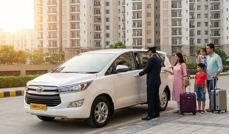 a clean white toyota innova crysta taxi from shri krishna tour and travels