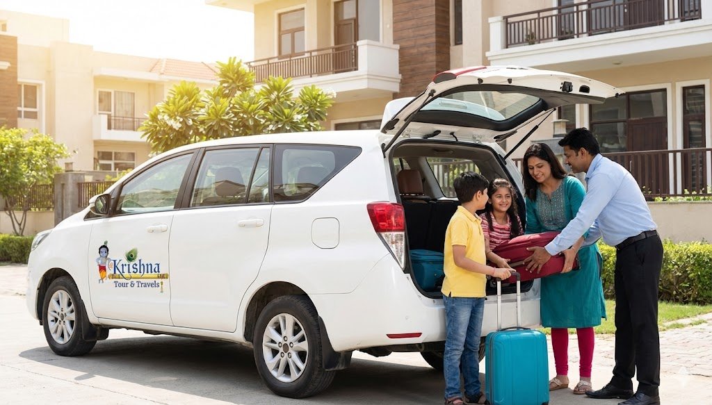 a family getting ready for their road trip in a shri krishna tour & travels taxi.