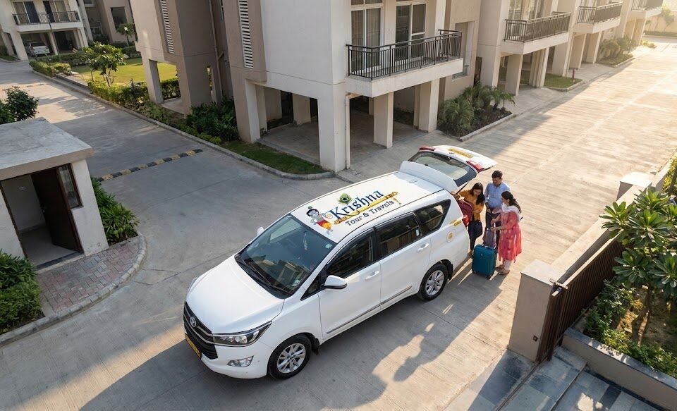 a family loads luggage into a white innova taxi from shri krishna tour and travels, parked in a noida society, ready for their trip to haridwar and rishikesh.