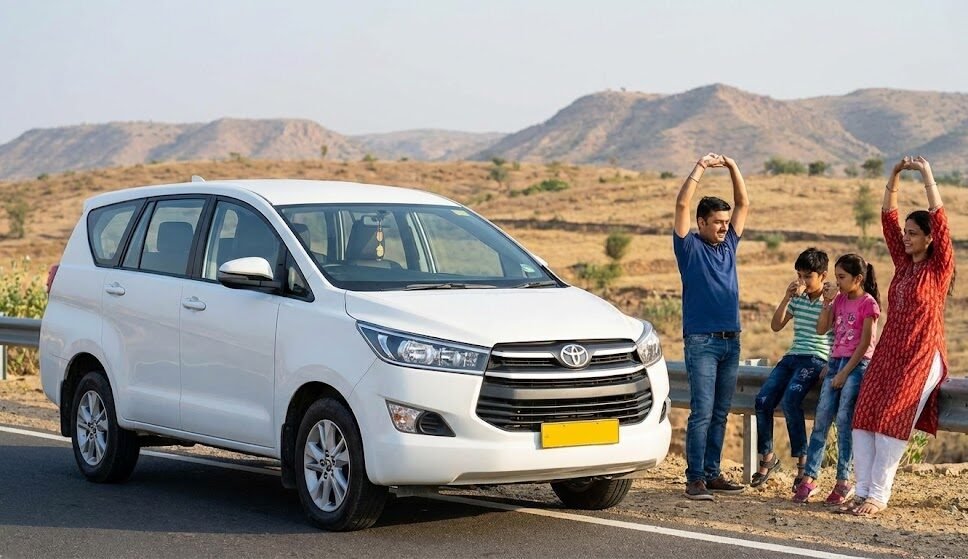 a family of four taking a relaxing break next to a white toyota innova taxi on a highway in rajasthan during their road trip.