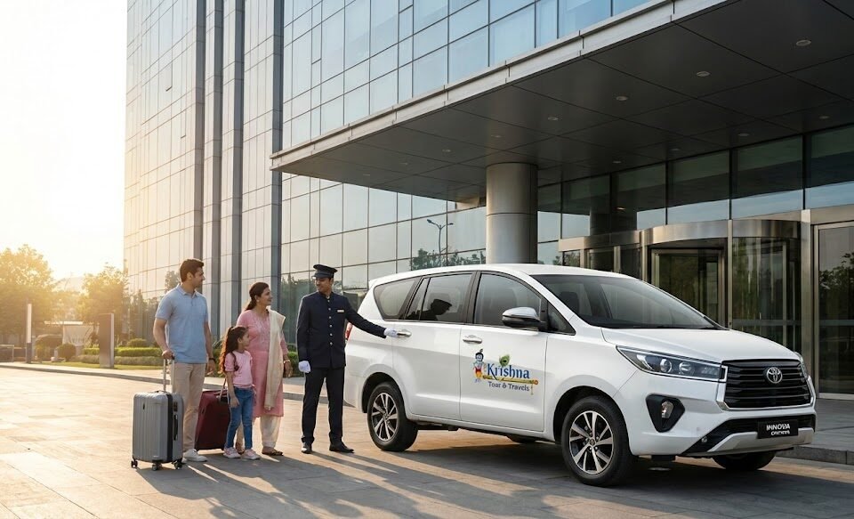 a family with luggage is about to board a white toyota innova crysta taxi