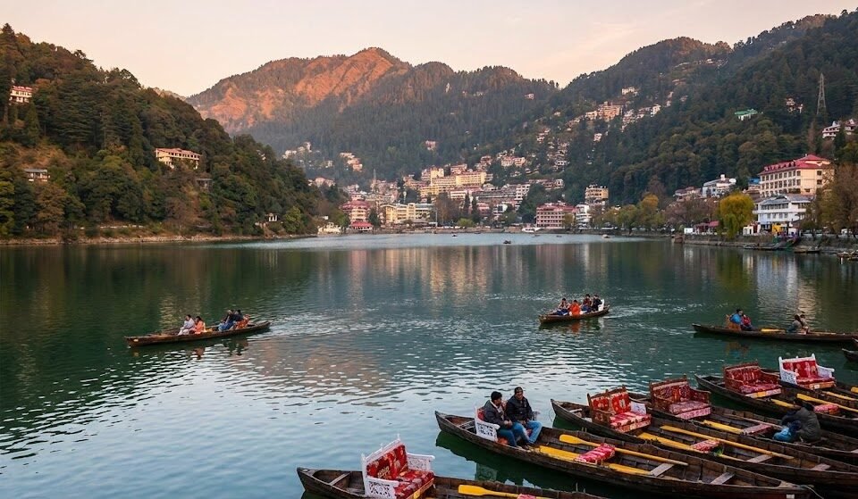 a scenic view of naini lake in nainital at sunset, with colorful boats on the water and the town in the background.