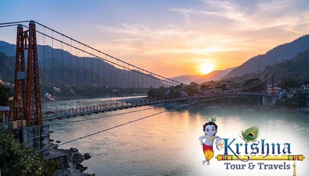 a scenic view of the lakshman jhula bridge in rishikesh at sunset, with the shri krishna tour and travels logo visible in the corner.