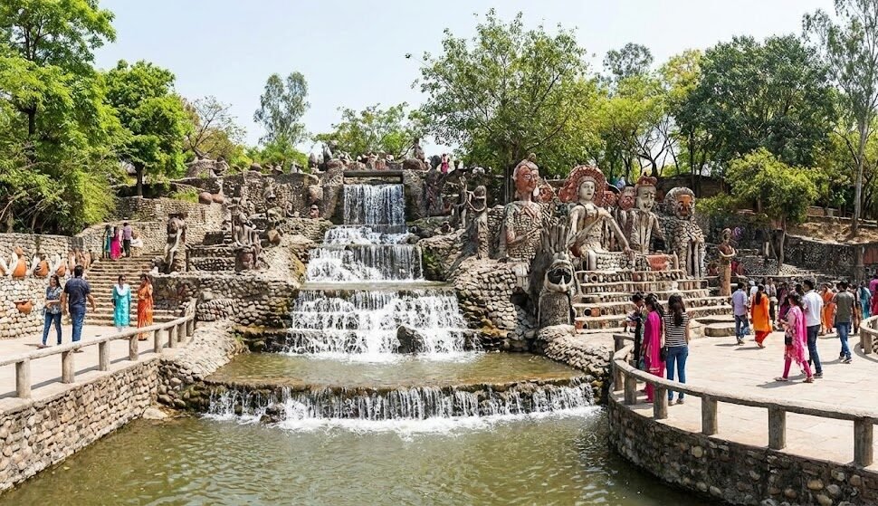 a scenic view of the waterfall section inside the rock garden in chandigarh, a famous tourist attraction made from recycled materials.