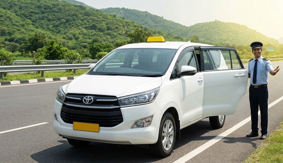 a uniformed taxi driver standing next to a white toyota innova crysta, ready for a noida to chandigarh taxi service, with scenic hills in the background.