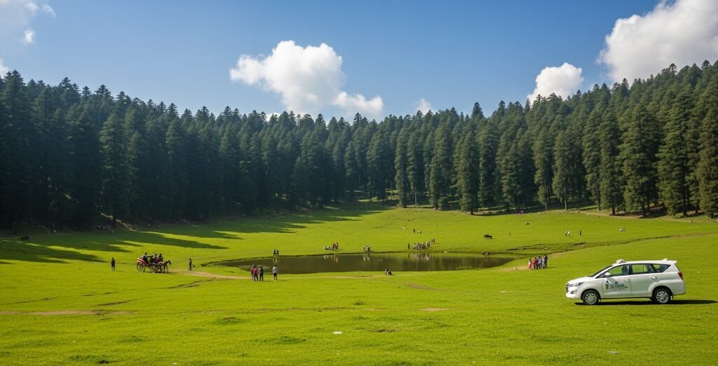 beautiful green pastures of khajjiar near dalhousie, best visited via private taxi.