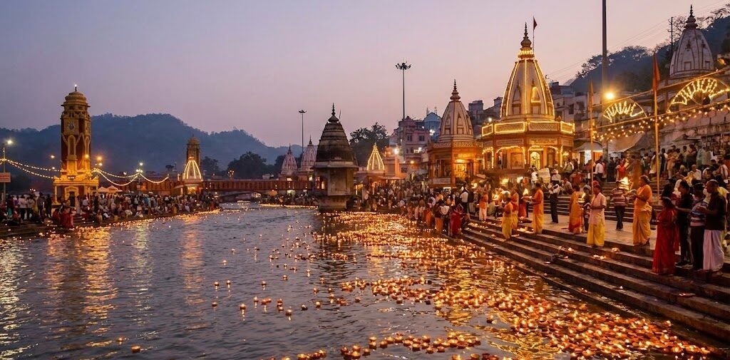 evening ganga aarti at har ki pauri ghat in haridwar with illuminated temples and floating diyas