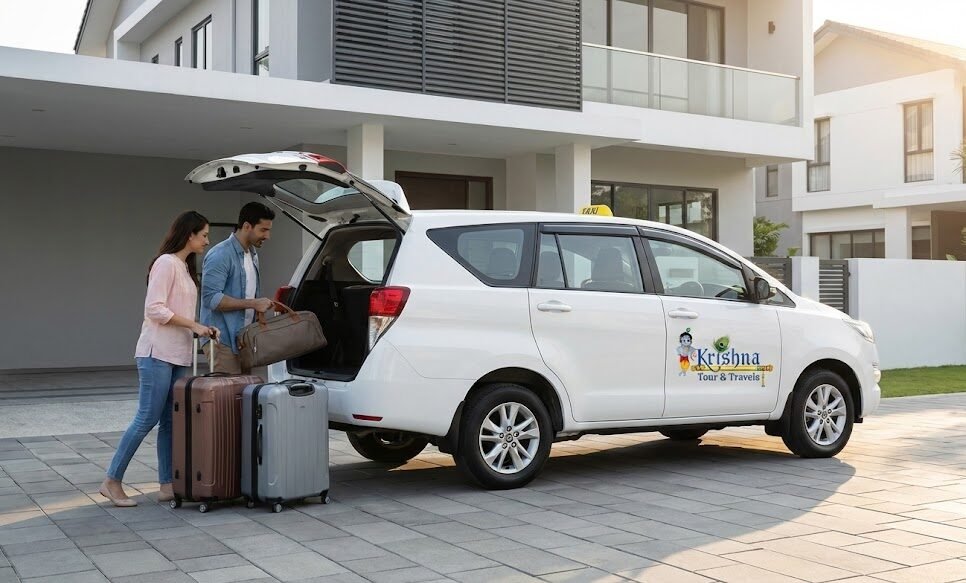 noida to mussoorie taxi from shri krishna tour & travels getting ready for departure with luggage being loaded.