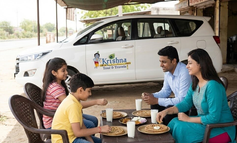 the family enjoying a budget friendly meal at a roadside dhaba, with their shri krishna tour & travels taxi parked nearby.