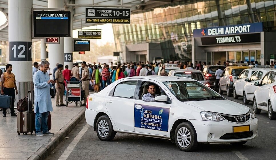 a shri krishna tour & travels taxi (sedan) arriving at the busy pickup point of delhi airport t3 for a passenger pickup, representing on time airport transfers.