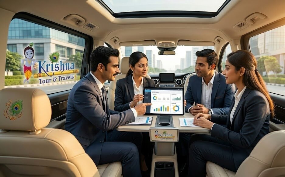 a business team discussing a project on a tablet inside a spacious and comfortable corporate passenger van, ideal for group travel with shri krishna tour & travels in noida. the logo is visible