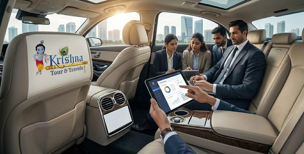 a businessman in a suit working on a laptop inside a luxury corporate taxi provided by shri krishna tour & travels in noida. the logo and website shrikrishnatravel.com are clearly displayed