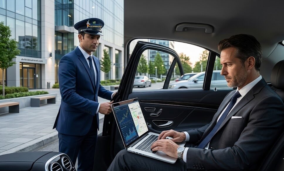 a focused male business traveler in a dark suit sits in the rear seat of a chauffeur driven car, using a silver laptop while a uniformed driver opens the door outside at a modern building.
