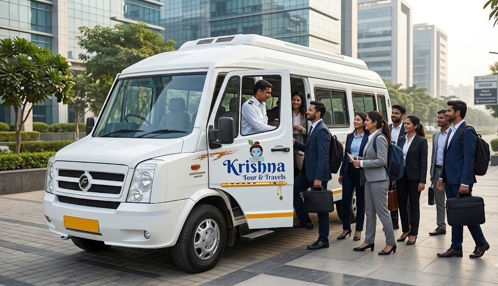 a group of business colleagues boarding a branded tempo traveller from shri krishna tour & travels in noida for a corporate outing, representing professional group travel.