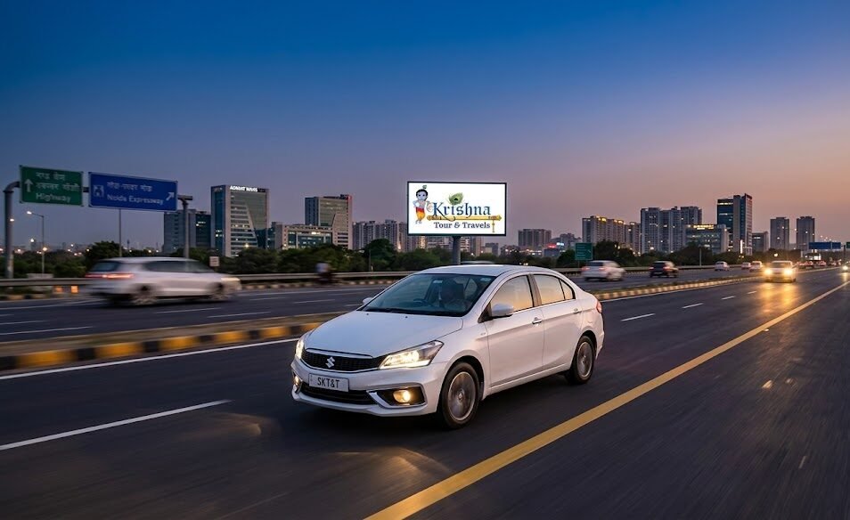 a high quality photo of a clean, modern white sedan driving along the dynamic noida expressway at dusk, featuring the shri krishna tour & travels logo.