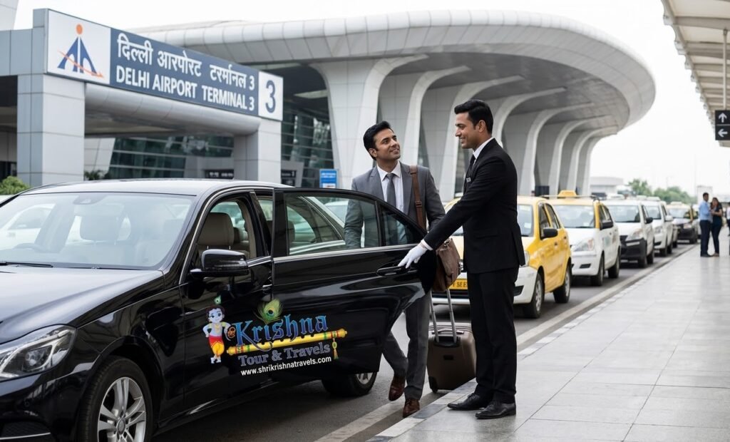 a photo of a professional driver opening the rear door of a black sedan for a businessman passenger near the delhi airport terminal 3 curb, with the shri krishna tour & travels logo.