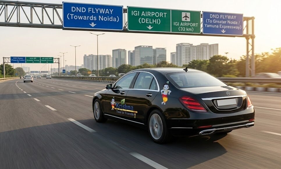 a reliable taxi from shri krishna travel traveling smoothly along the dnd flyway, offering the best taxi service in noida