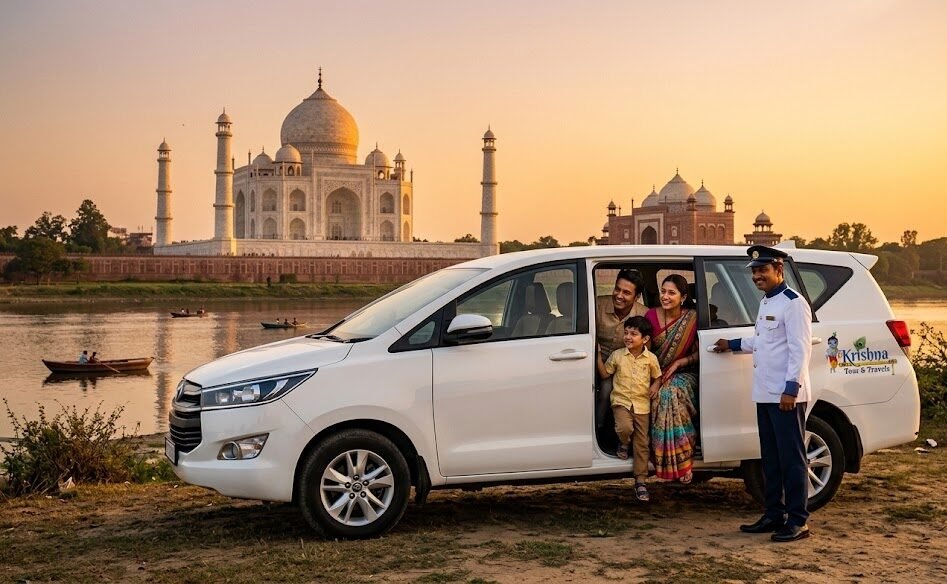 a smiling indian family of three steps out of a white multi purpose vehicle