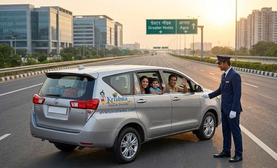 a spacious and modern toyota innova crysta parked on the noida greater noida expressway, representing the best taxi service in noida for family and group travel