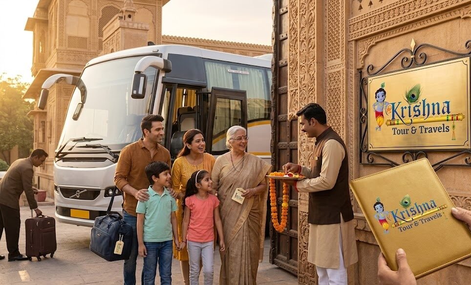 a vibrant travel photograph of a family's golden hour arrival at a historic rajasthani palace gate.