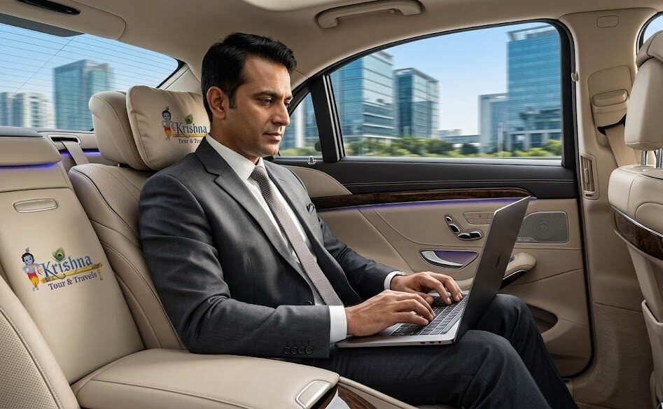 an executive passenger working on a laptop inside a luxury black corporate taxi provided by the best taxi service in noida.