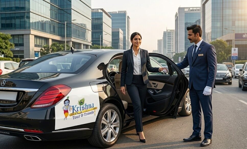 an executive woman stepping out of a premium suv corporate taxi with a professional chauffeur holding the door, with moder logo is present
