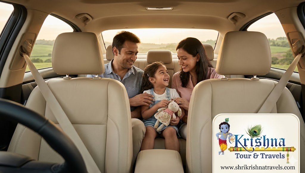 an internal view from the front passenger seat looking back at a happy, relaxed family in the rear of a clean car, with the shri krishna tour & travels logo in the corner.