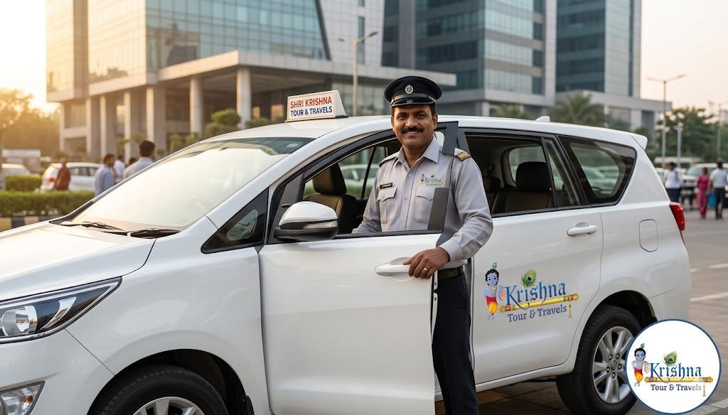 experienced and verified shri krishna tour & travels professional driver holding open the passenger door of a robust toyota innova crysta for passengers at a pickup point in noid