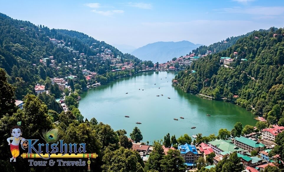 panoramic view of naini lake in nainital during a clear summer day, capturing colorful boats, the nestled town with colorful roofs, and towering, lush green mountains covered in oak and pine forests.