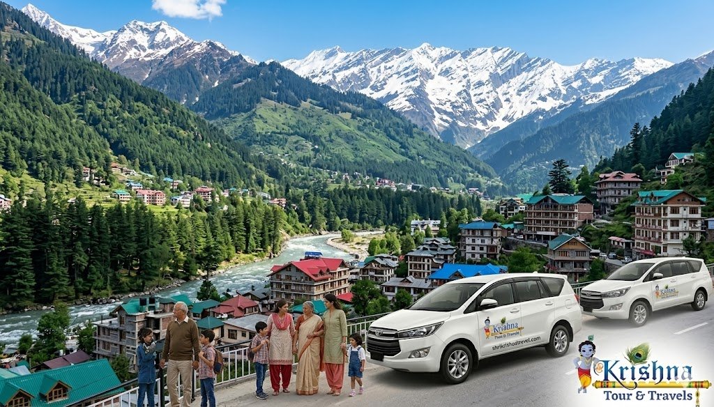 stunning panoramic photograph capturing the iconic snow capped himalayan peaks, lush green alpine valley, beas river winding through manali town