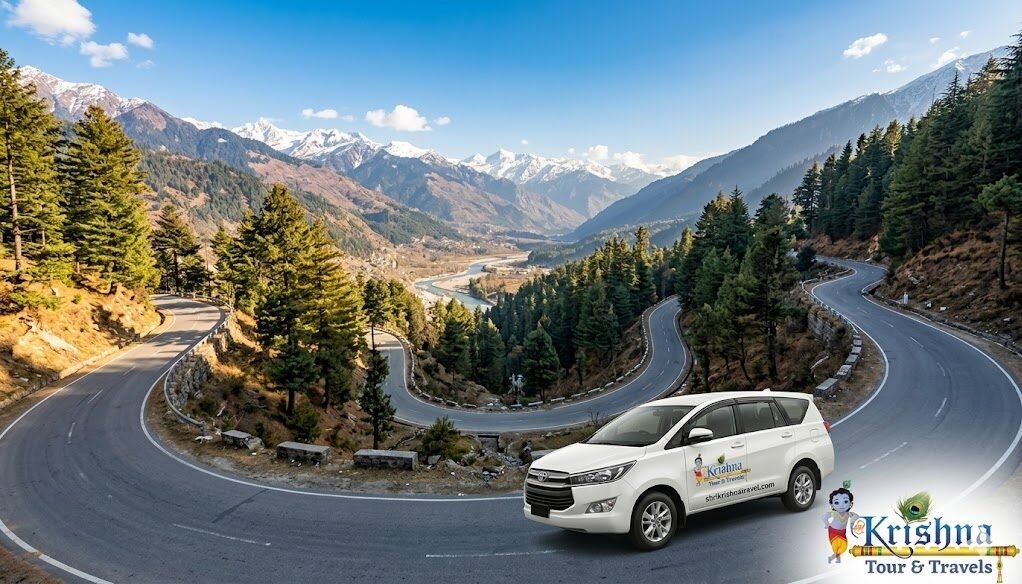 sweeping panoramic view of the winding mountain roads and beas river valley leading to manal