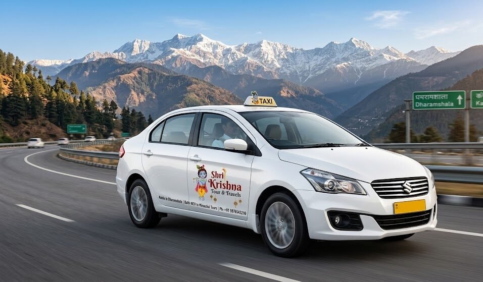 clean branded shri krishna tour & travels noida to dharamshala taxi sedan driving on a scenic highway with mountains in the background