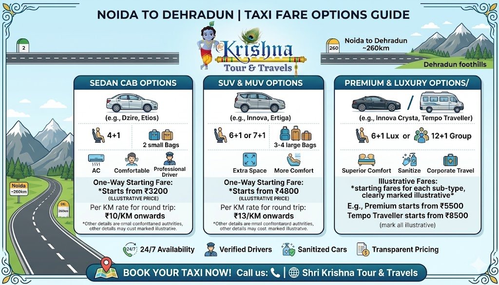 fare options infographic illustration with shri krishna logo for noida to dehradun taxi travel