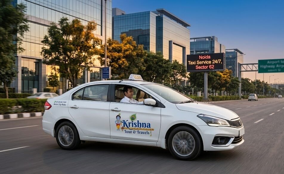 high quality photo capturing a clean white maruti suzuki ciaz branded with the colorful krishna tour & travels