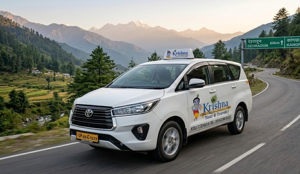 modern branded shri krishna tour & travels noida to dehradun taxi innova crysta driving on a scenic highway